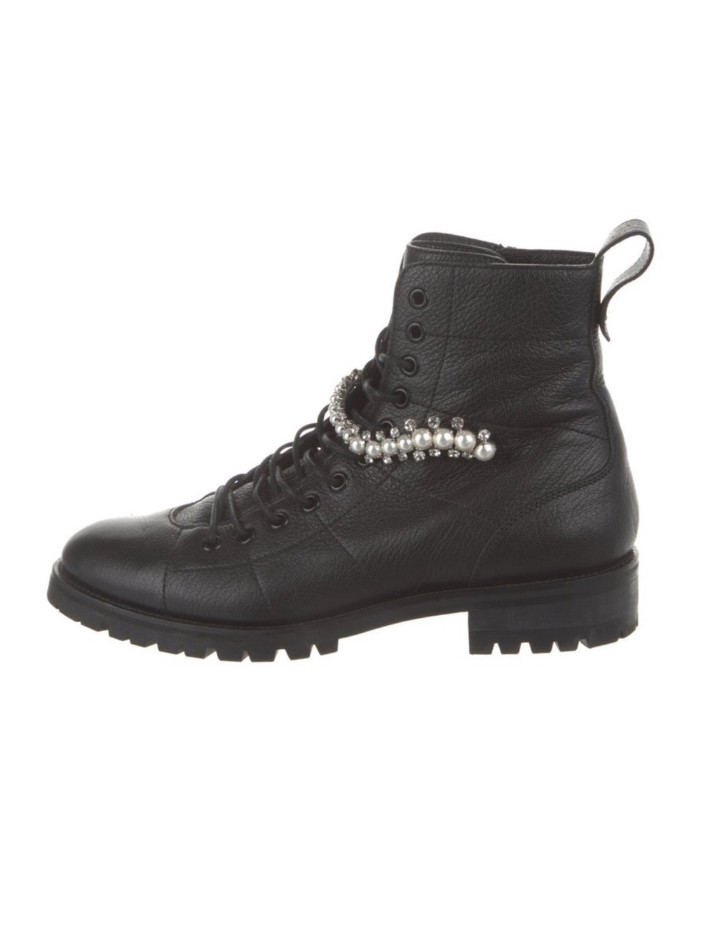 Jimmy Choo Black Leather Lace-Up Pearl-Embellished Combat Boots